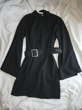 Black Long-Sleeve Belted Mini Dress